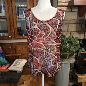 B CALM SIZE LARGE MULTICOLORED SHEER SLEEVELESS BLOUSE LOTS OF STRETCH